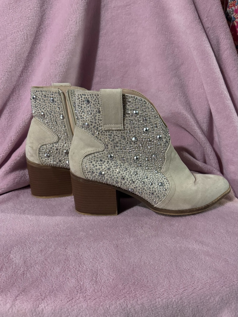 Beige Rhinestone Western Ankle Booties | Cowgirl Boho